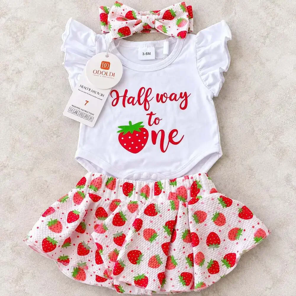 NWT ODOLDI Baby Girl 3-6M Strawberry 3 Piece Outfit Bodysuit Bloomers Headband